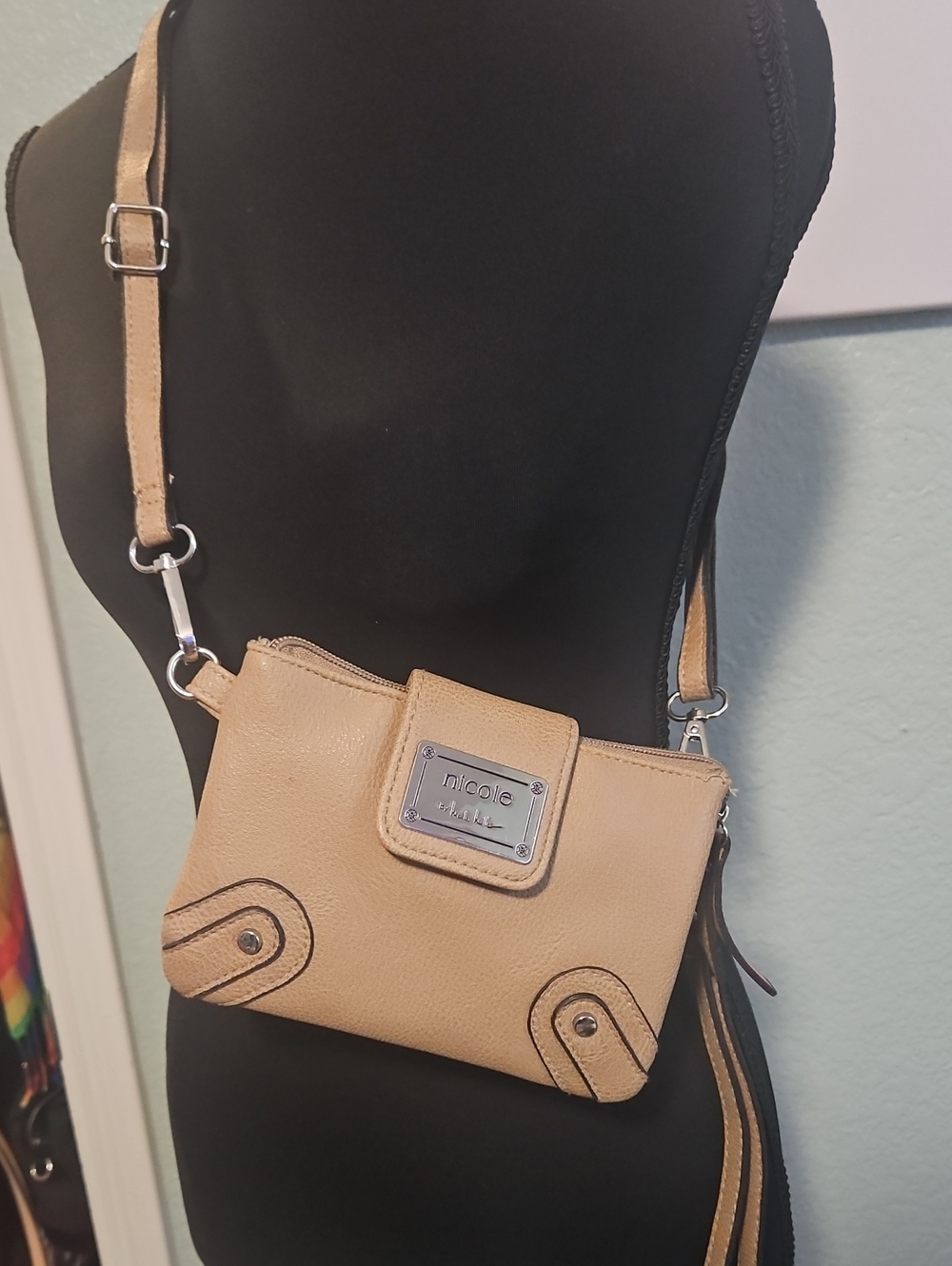 Nicole Miller Tan Crossbody Bag with Silver Plaque
